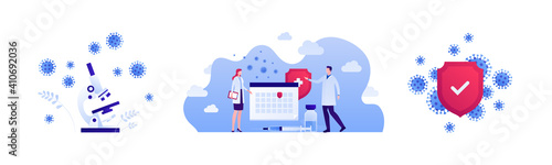 Vaccination calendar and virus study concept. Vector flat illustration set. Vaccine shot in syringe. Microscope research symbol. Red shield with white cross protection symbol. Male and female doctor.