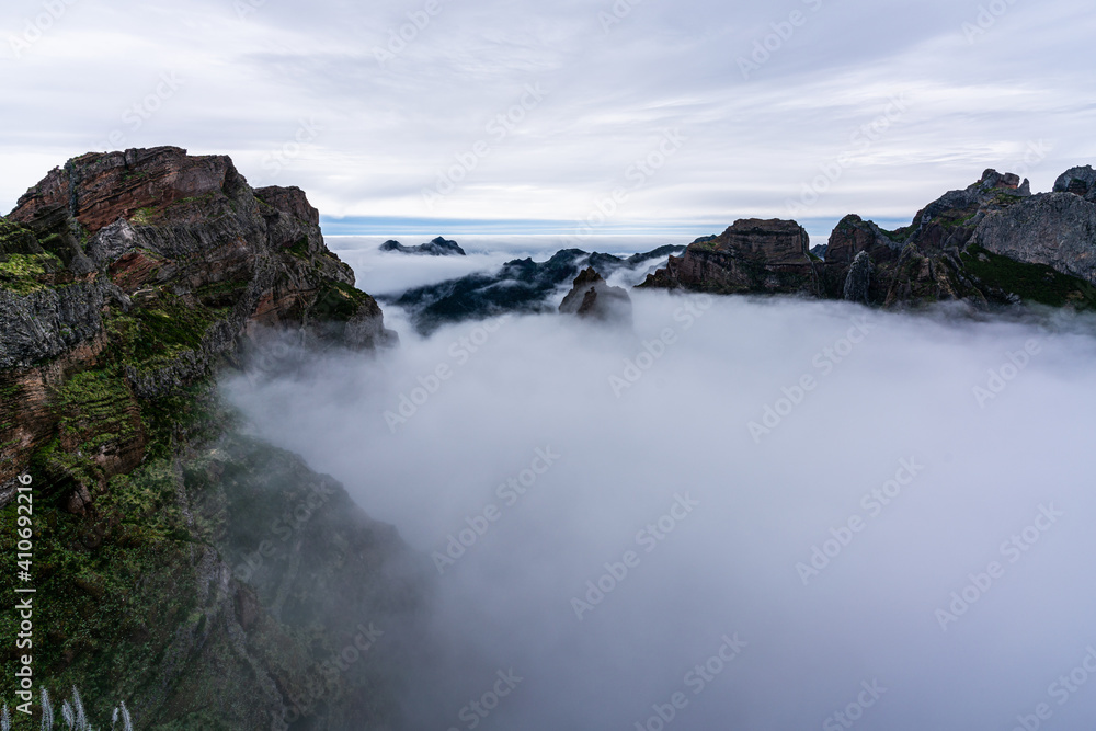 Mountain peaks at the height of clouds on Madeira Island