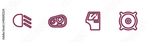 Set line High beam, Car door, headlight and audio speaker icon. Vector.