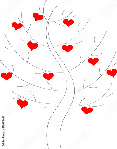 A tree with hearts is drawn in the style of doodle, a sample for a card for Valentine's Day. Web saver for a romantic template, love in nature.