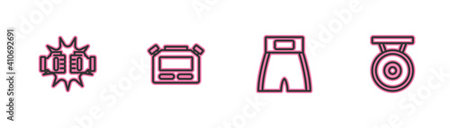 Set line Punch in boxing gloves, Boxing short, Stopwatch and Gong icon. Vector.