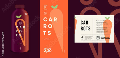 Carrots. Flat vector illustration. Price tag, label, packaging and product poster. Label design template on a bottle. Minimalistic, modern label. photo