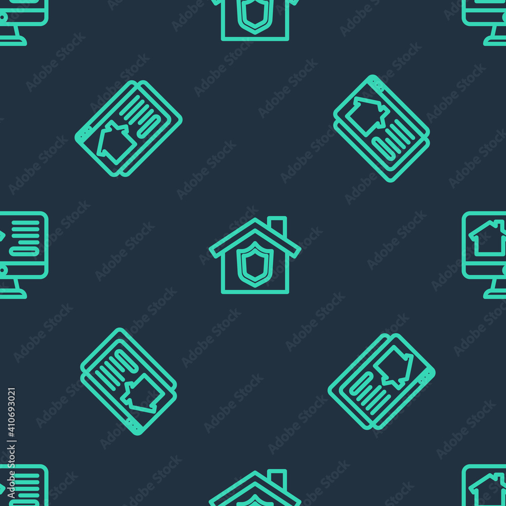 Set line House with shield, Online real estate house and on seamless pattern. Vector. Set line House with shield, Online real estate house and on seamless pattern. Vector.