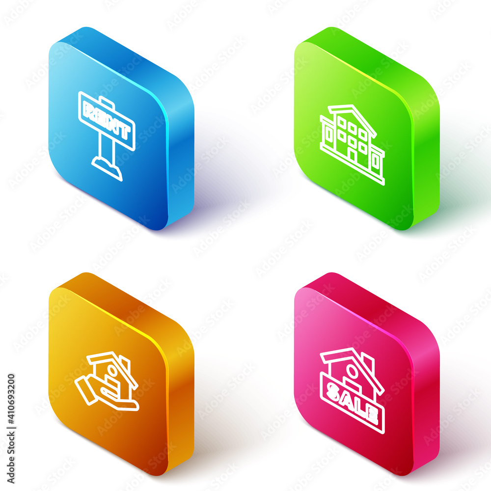Set Isometric line Hanging sign with Rent, House, Realtor and Sale icon. Vector. Set Isometric line Hanging sign with Rent, House, Realtor and Sale icon. Vector.