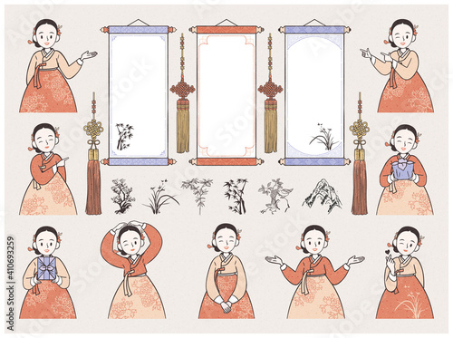 Asian hanging scroll and Korean female character set. Woman in hanbok showing different gestures.