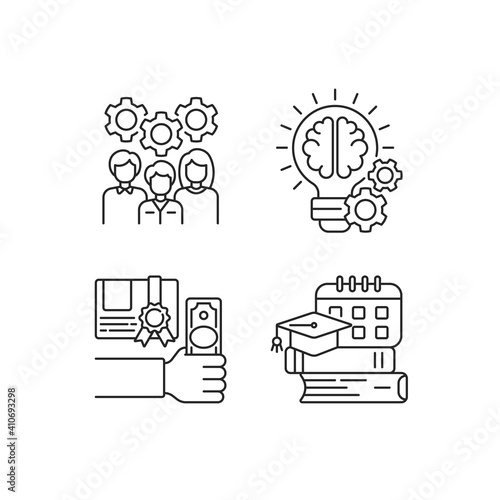 Idea generation linear icons set. Improving professional skills. Getting new knowledge. Bootcamp concept. Customizable thin line contour symbols. Isolated vector outline illustrations. Editable stroke