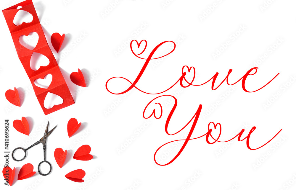 Valentine card Red paper hearts white background Valentine card Red paper hearts white background