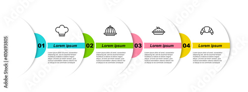 Set line Chef hat, Pudding custard, Homemade pie and Croissant. Business infographic template. Vector.