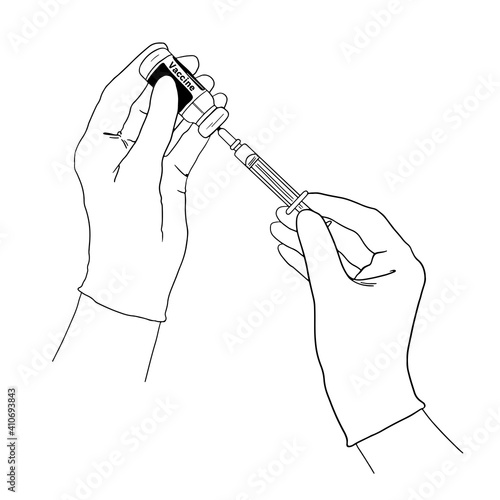 The hands of a health worker with a syringe draw liquid from the ampoule. Suitable for vaccination illustrations, vaccinations, medical themes. Doodle black outline style.