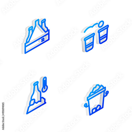 Set Isometric line Beer pong game, Pack of beer bottles, Cold and Ice bucket icon. Vector.