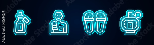 Set line Essential oil bottle, Man in the sauna, Flip flops and Aftershave. Glowing neon icon. Vector.