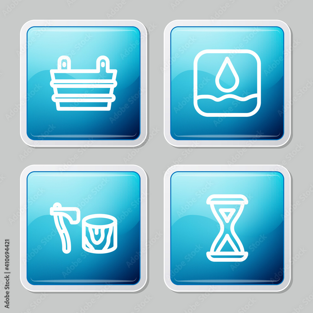 Set line Sauna bucket, Water drop, Wooden axe in stump and hourglass icon. Vector. Set line Sauna bucket, Water drop, Wooden axe in stump and hourglass icon. Vector.