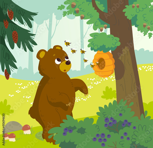 Cute vector cartoon bear looking for honey, standing near tree and looking at beehive, swarm of wild angry bees flies around. Brown bear and bees in forest, in woods. Bear stealing wild honey.