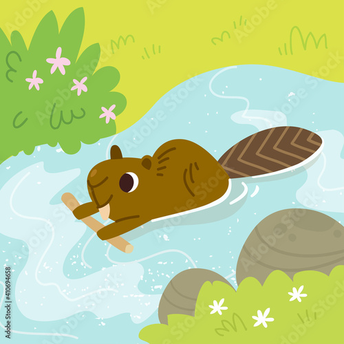 Vector cartoon beaver busy maintaining, building its river dam. Beaver swims carrying a branch in his paws to build its dam.