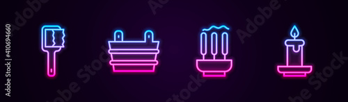 Set line Sauna brush, bucket, Incense sticks and Aroma candle. Glowing neon icon. Vector.