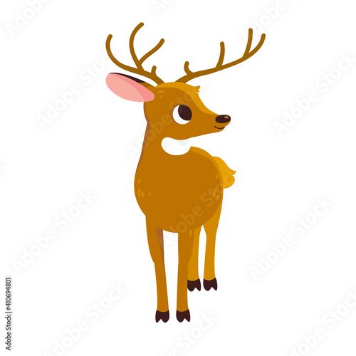 Deer cartoon style illustration design portrait. Cute animal with horns. Flat vector isolated painting art.