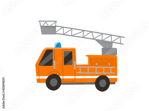 Vector cartoon children's baby childish style aerial ladder truck, fire brigade wagon, fire truck engine. Comic vector illustration of a vehicle character for a book. Helper cars. Flat design.
