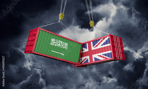 UK and Saudi Arabia business trade deal. Clashing cargo containers. 3D Render