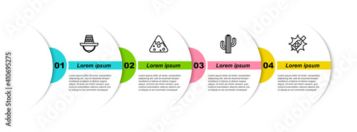 Set line Mexican sombrero, Nachos, Cactus and Tabasco sauce. Business infographic template. Vector.