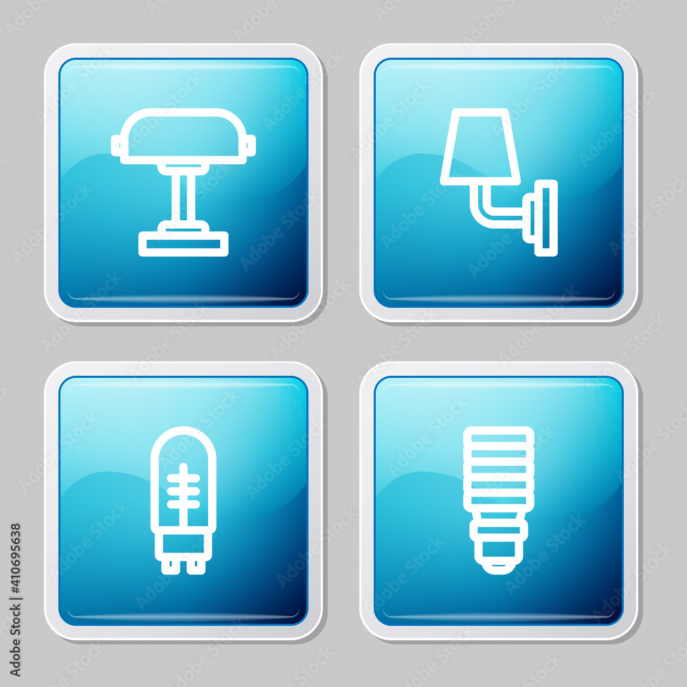 Set line Table lamp, Wall or sconce, Light emitting diode and LED light bulb icon. Vector. Set line Table lamp, Wall or sconce, Light emitting diode and LED light bulb icon. Vector.
