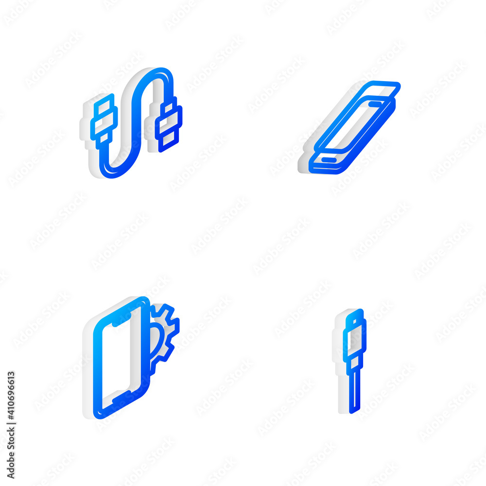 Set Isometric line Glass screen protector, USB cable cord, Phone repair service and icon. Vector. Set Isometric line Glass screen protector, USB cable cord, Phone repair service and icon. Vector.