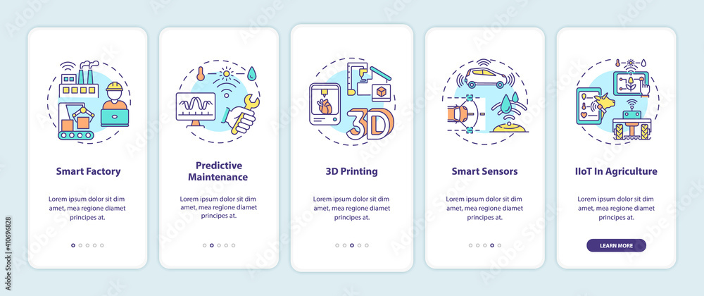 Industry 4.0 trends onboarding mobile app page screen with concepts. Smart factory, 3D printing, smart sensors walkthrough 5 steps graphic instructions. UI vector template with RGB color illustrations