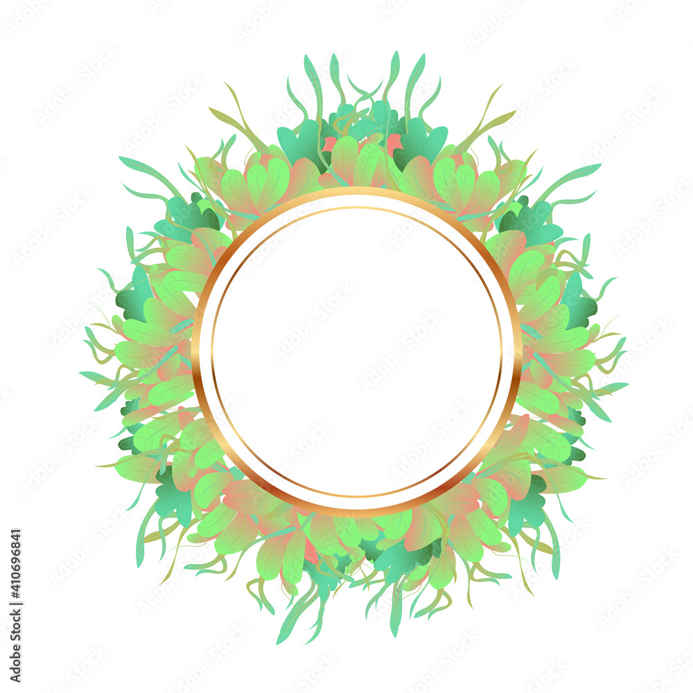 Round frame with leaves and flowers. Green color, flat style. Vector graphics. Round frame with leaves and flowers. Green color, flat style. Vector graphics.