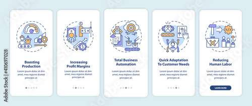 Industry 4.0 goals onboarding mobile app page screen with concepts. Boosting production, business automation walkthrough 5 steps graphic instructions. UI vector template with RGB color illustrations