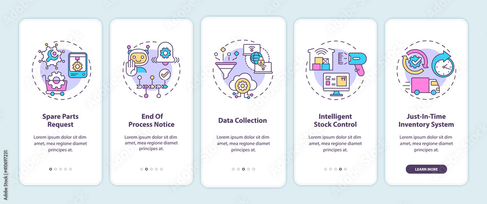 M2M communication types onboarding mobile app page screen with concepts. Spare parts request, data collection walkthrough 5 steps graphic instructions. UI vector template with RGB color illustrations