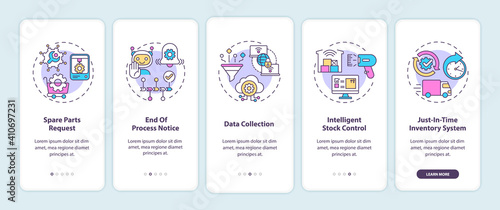 M2M communication types onboarding mobile app page screen with concepts. Spare parts request, data collection walkthrough 5 steps graphic instructions. UI vector template with RGB color illustrations