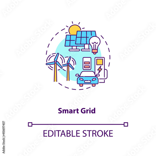Smart grid concept icon. Cyber-physical systems application idea thin line illustration. Electricity network. Renewable energy resources. Vector isolated outline RGB color drawing. Editable stroke