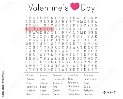 St. Valentine's Day word search puzzle. Educational game for learning English. Activity worksheet for children and adults. Find hidden words about love. Vector illustration
