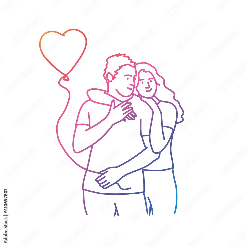 Cute girl hugs a young man holding a heart-shaped balloon in his hand. Colorful line. Vector illustration. Cute girl hugs a young man holding a heart-shaped balloon in his hand. Colorful line. Vector illustration.