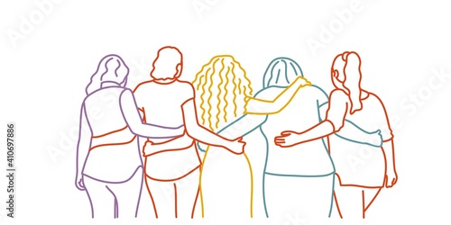 Five women friends hug each other. Back view. Travel concept. Colorful line. Vector illustration.