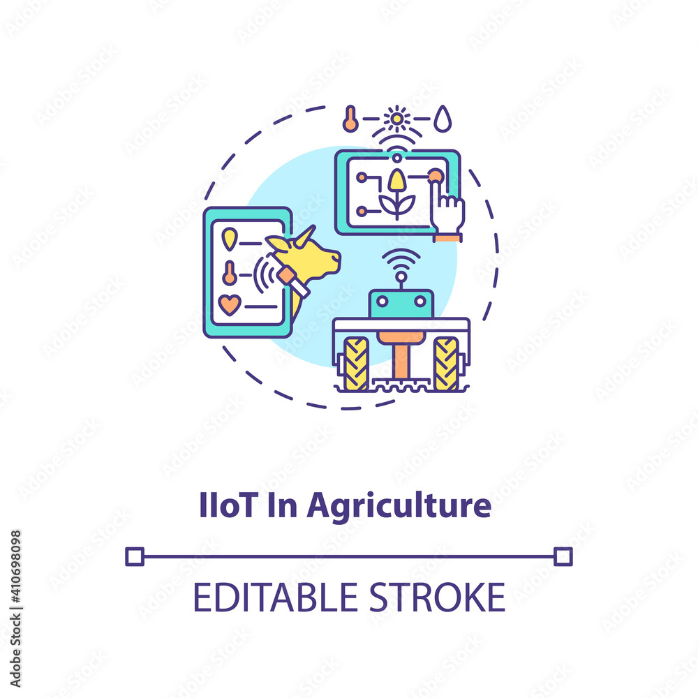 IIoT in agriculture concept icon. Industry 4.0 idea thin line illustration. Internet-connected equipment. Increasing agricultural production. Vector isolated outline RGB color drawing. Editable stroke