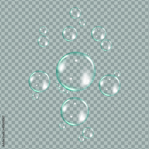 Flying transparent soap bubbles on checkered background.Reaistic colored balls.Vector texture.