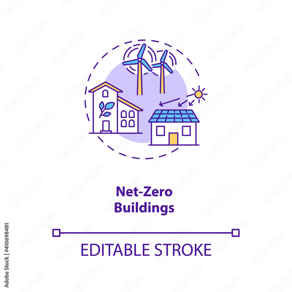Net-zero buildings concept icon. CPS usage idea thin line illustration. Renewable energy sources. Reducing emissions. Zero-energy building. Vector isolated outline RGB color drawing. Editable stroke