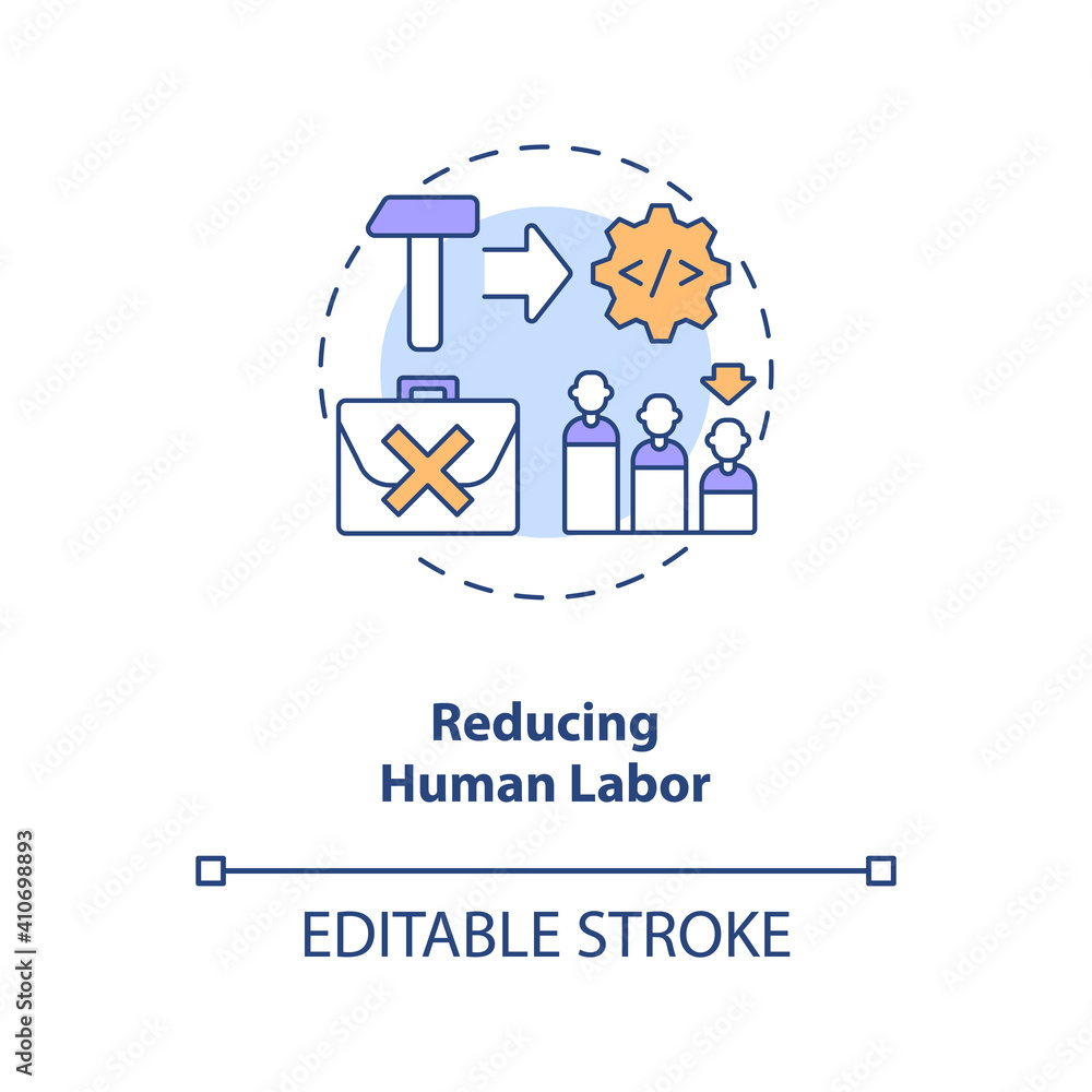 Reducing human labor concept icon. Industry 4.0 goal idea thin line illustration. Automation process. Robots displacing human workers. Vector isolated outline RGB color drawing. Editable stroke Reducing human labor concept icon. Industry 4.0 goal idea thin line illustration. Automation process. Robots displacing human workers. Vector isolated outline RGB color drawing. Editable stroke