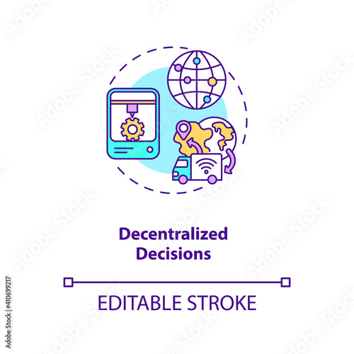 Decentralized decisions concept icon. Industry 4.0 design principle idea thin line illustration. Making decisions by cyber physical systems. Vector isolated outline RGB color drawing. Editable stroke