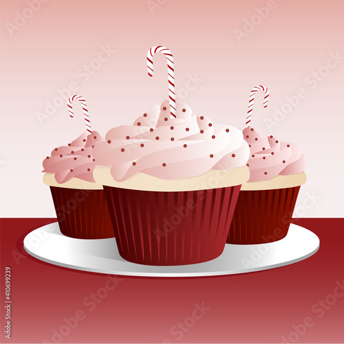 A trio of candycane holiday cupcakes. Cupcakes on separate layer, easy to isolate.
