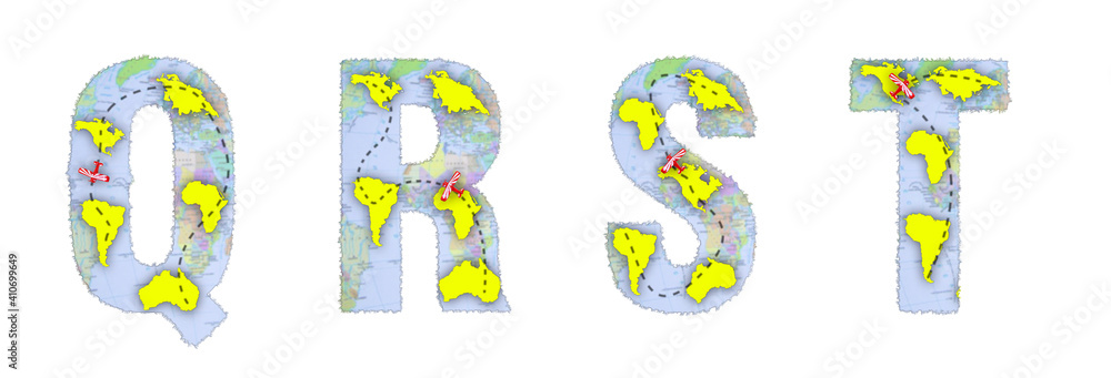 The letters Q, R, S, T are made from a map of the world and continents