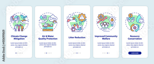 Organic waste reduction benefits onboarding mobile app page screen with concepts. Climate change mitigation walkthrough 5 steps graphic instructions. UI vector template with RGB color illustrations