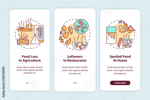 Food waste types onboarding mobile app page screen with concepts. Food loss in agriculture, leftovers walkthrough 3 steps graphic instructions. UI vector template with RGB color illustrations