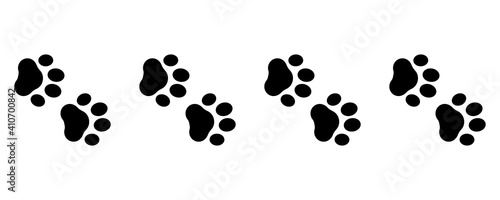 Cute animal. Foot dog seamless pattern. Footprint graphic. Pet outline. Repeated pattern trail cat. Paw prints for design service print. Foots border isolated on white background. Shape paw. Vector