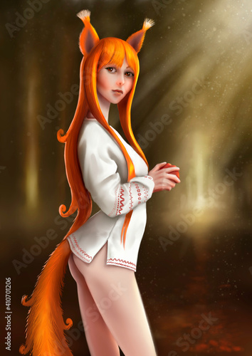 Fox girl in the dark forest.