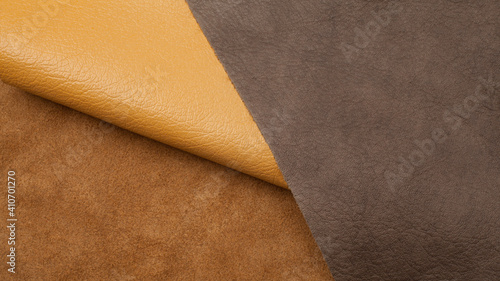 Natural leather textures samples on brown background