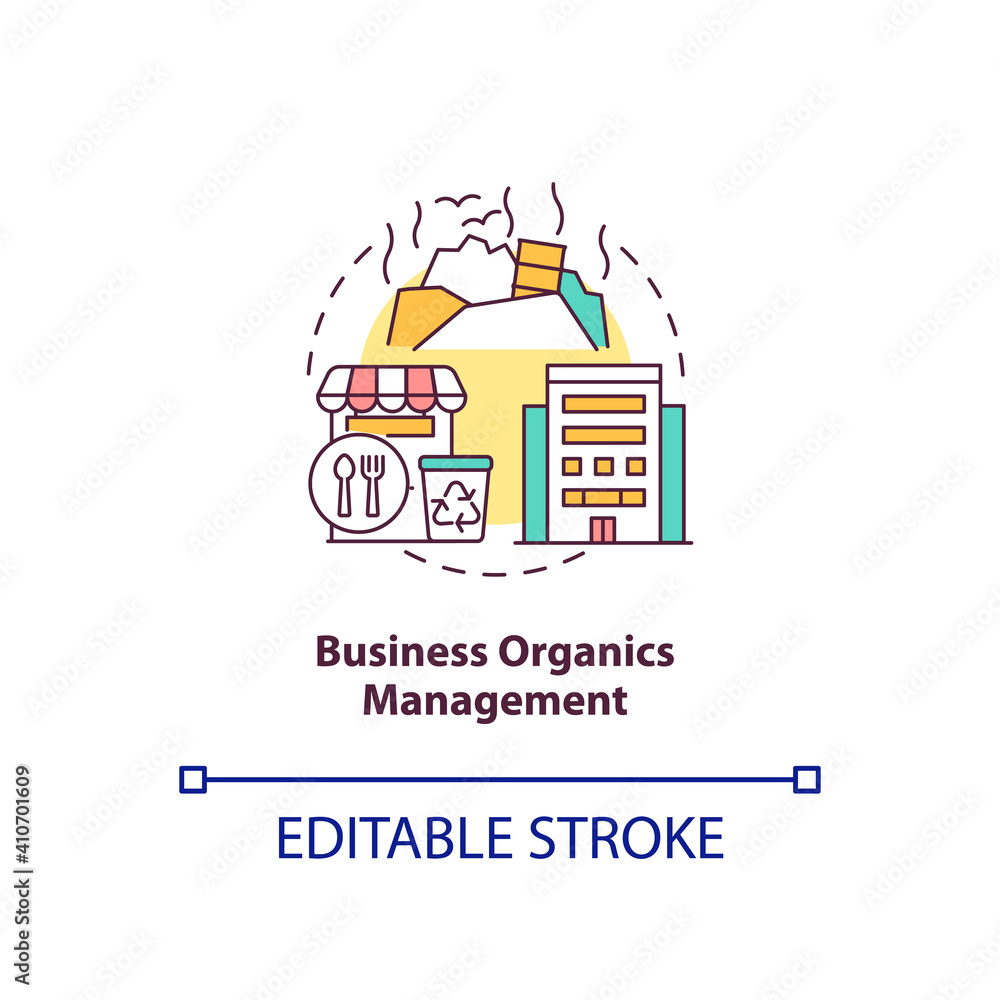 Business organics management concept icon. Pre-consumer, postconsumer material reuse idea thin line illustration. Leftovers in restaurants. Vector isolated outline RGB color drawing. Editable stroke