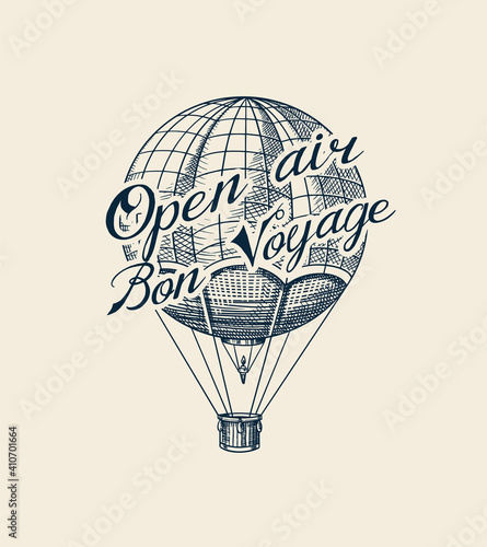 Vintage Hot Air Balloon badge. Vector retro flying airship with decorative element. Template transport for Romantic logo. Hand drawn Engraved sketch for poster or banner.