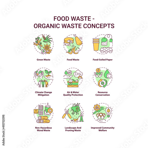 Food waste concept icons set. Organic waste idea thin line RGB color illustrations. Food-soiled paper. Climate change mitigation. Quality protection. Vector isolated outline drawings. Editable stroke