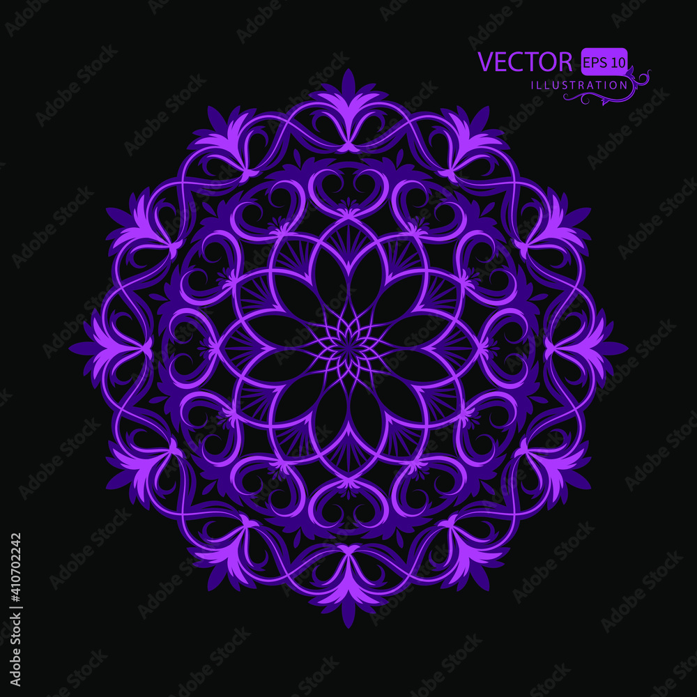 Mandala on a black background. Beautiful round pattern. Oriental ornament. Arabesque. Vector illustration. Mandala on a black background. Beautiful round pattern. Oriental ornament. Arabesque. Vector illustration.